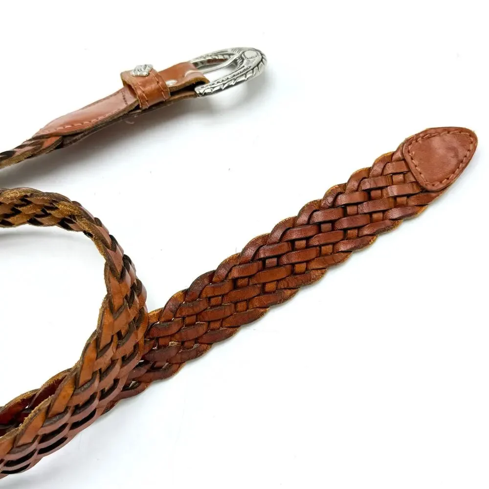 Vintage 90s Braided Leather Western Belt S 24-30 Brown Southwestern Boho Hippie